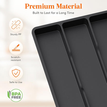 Utensil Organizer for Kitchen Drawer, Expandable Cooking Silverware Tray, Adjustable Cutlery Flatware Holder, Plastic Spatula Tools Storage Divider, 14.4 x 15.8", Black