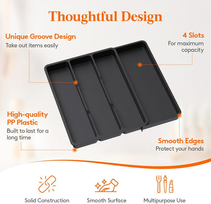 Utensil Organizer for Kitchen Drawer, Expandable Cooking Silverware Tray, Adjustable Cutlery Flatware Holder, Plastic Spatula Tools Storage Divider, 14.4 x 15.8", Black