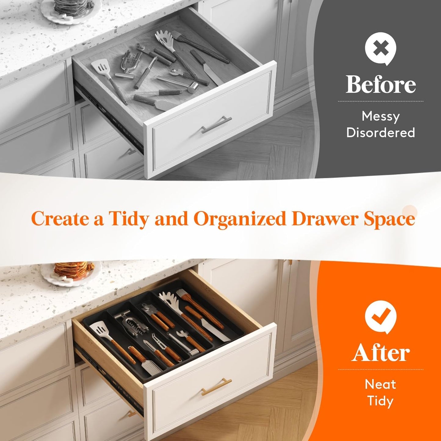 Utensil Organizer for Kitchen Drawer, Expandable Cooking Silverware Tray, Adjustable Cutlery Flatware Holder, Plastic Spatula Tools Storage Divider, 14.4 x 15.8", Black
