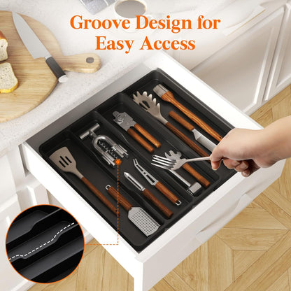 Utensil Organizer for Kitchen Drawer, Expandable Cooking Silverware Tray, Adjustable Cutlery Flatware Holder, Plastic Spatula Tools Storage Divider, 14.4 x 15.8", Black