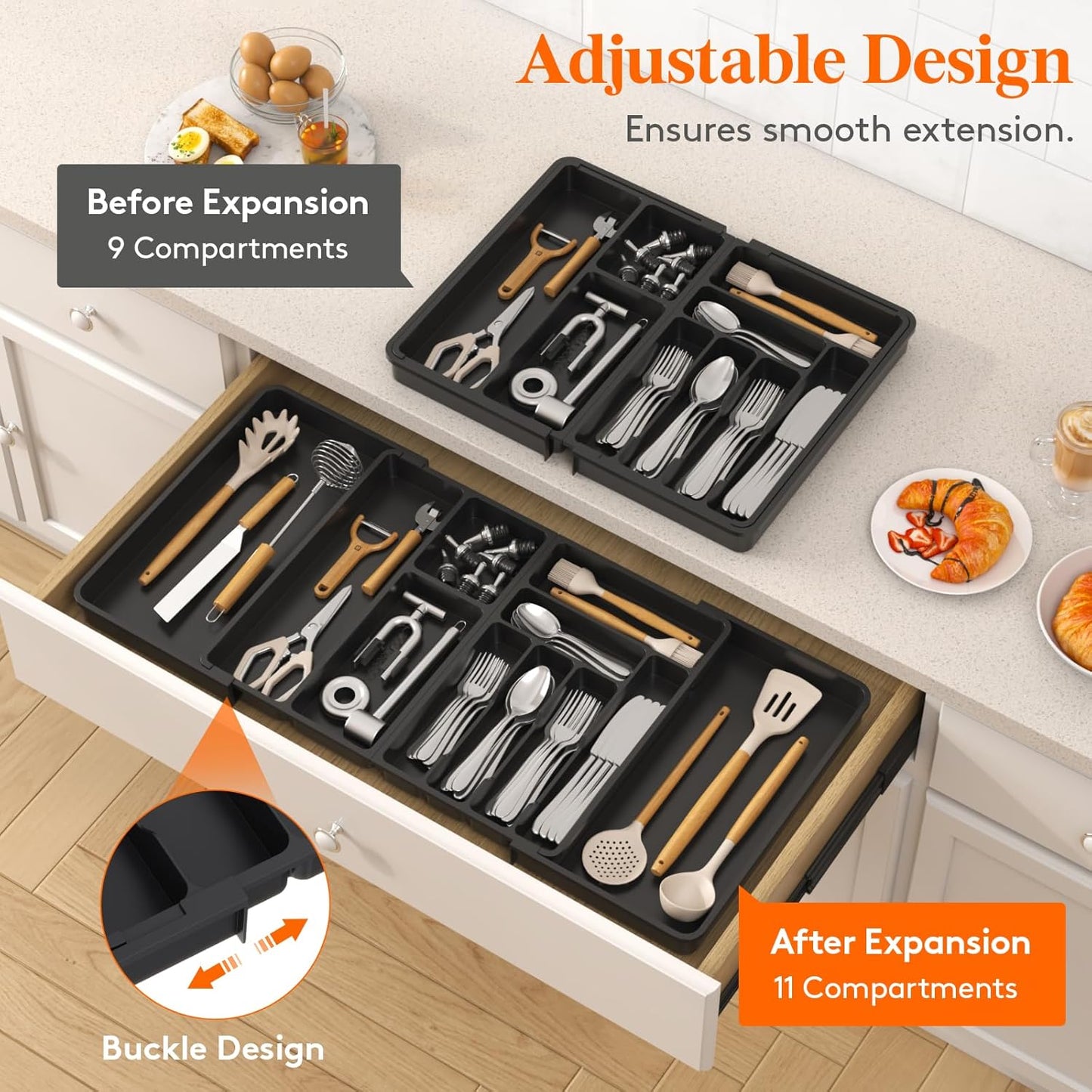 Utensil Organizer for Kitchen Drawer, Expandable Cooking Silverware Tray, Adjustable Cutlery Flatware Holder, Plastic Spatula Tools Storage Divider, 14.4 x 15.8", Black