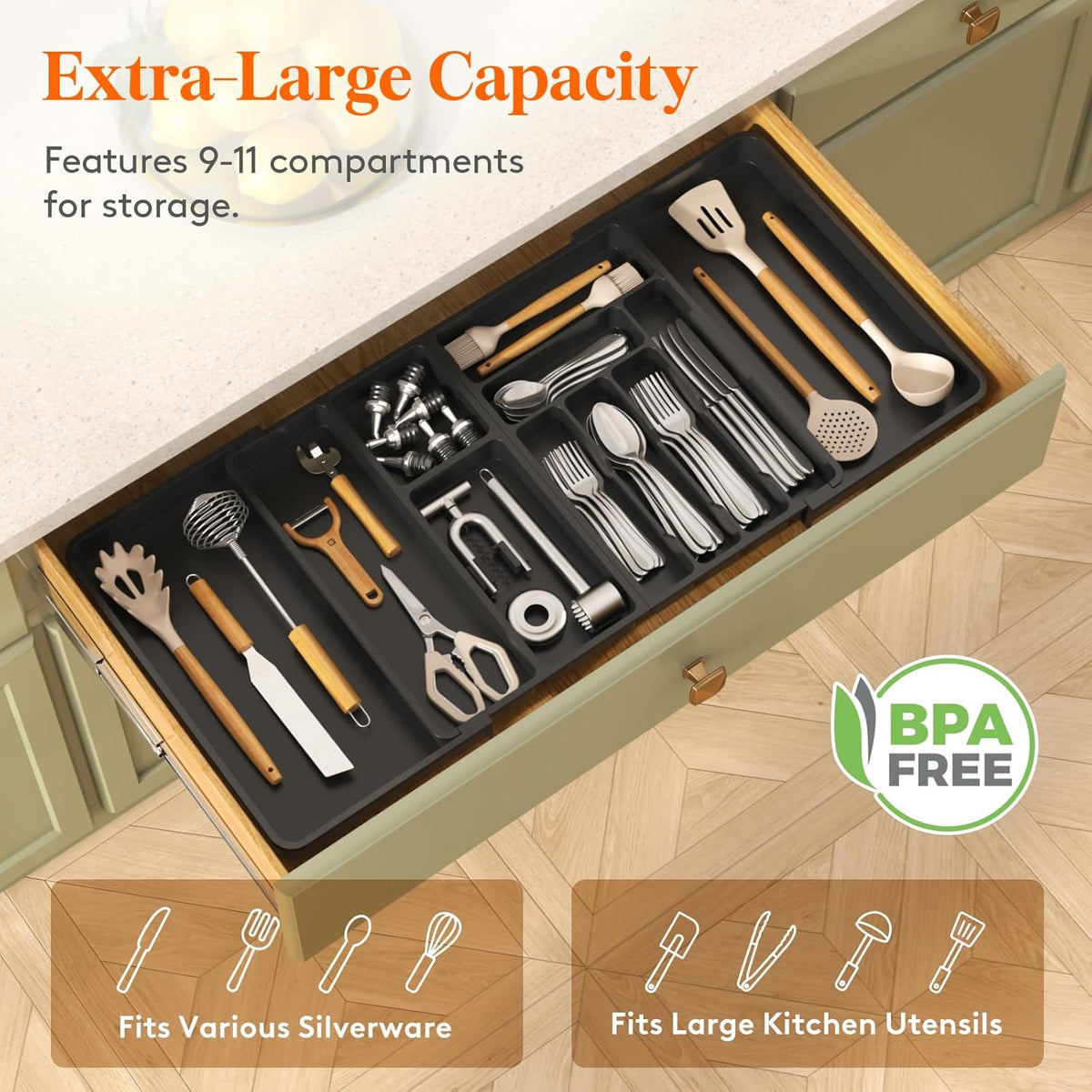 Utensil Organizer for Kitchen Drawer, Expandable Cooking Silverware Tray, Adjustable Cutlery Flatware Holder, Plastic Spatula Tools Storage Divider, 14.4 x 15.8", Black