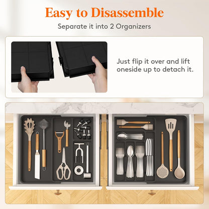 Utensil Organizer for Kitchen Drawer, Expandable Cooking Silverware Tray, Adjustable Cutlery Flatware Holder, Plastic Spatula Tools Storage Divider, 14.4 x 15.8", Black
