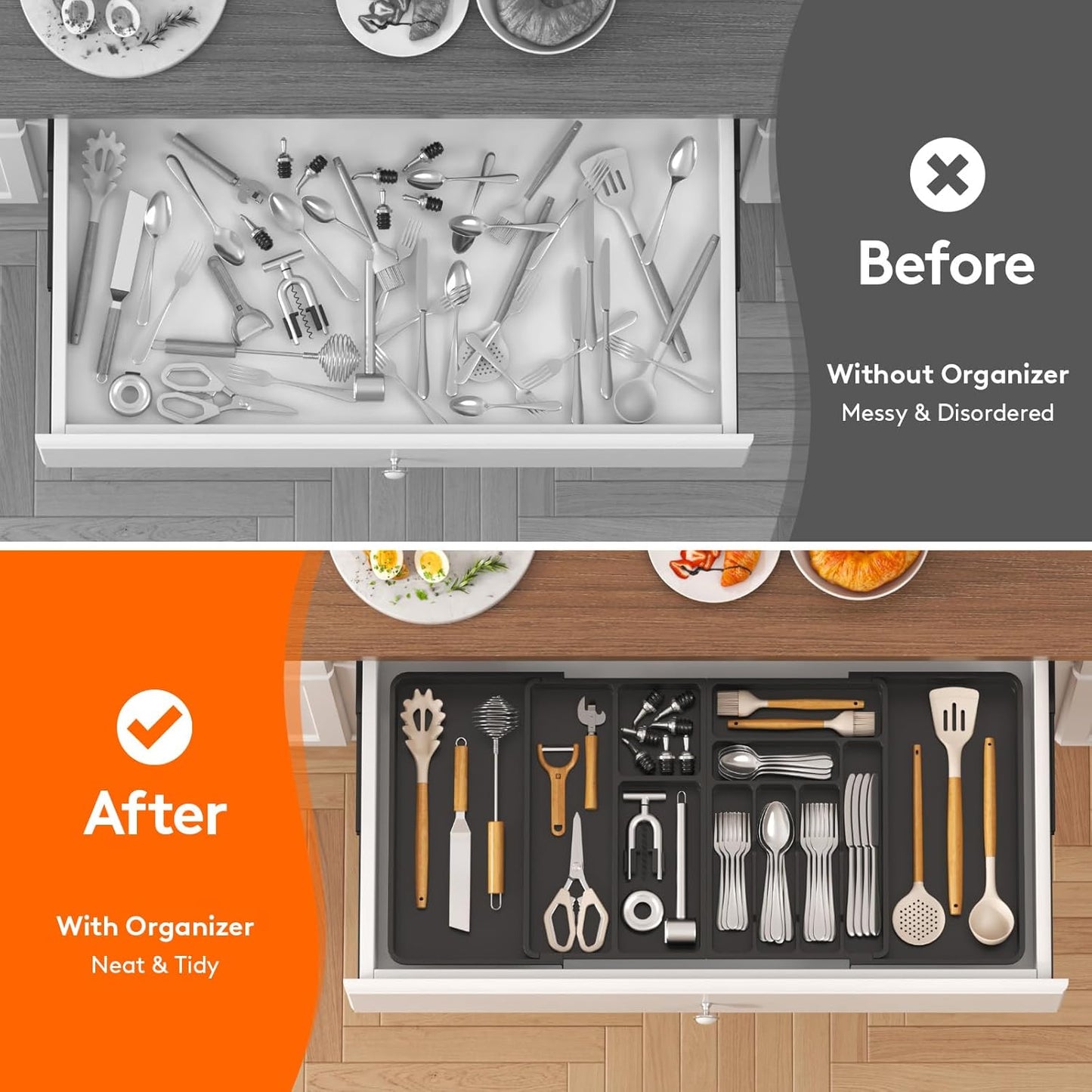 Utensil Organizer for Kitchen Drawer, Expandable Cooking Silverware Tray, Adjustable Cutlery Flatware Holder, Plastic Spatula Tools Storage Divider, 14.4 x 15.8", Black