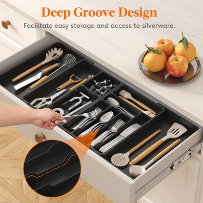 Utensil Organizer for Kitchen Drawer, Expandable Cooking Silverware Tray, Adjustable Cutlery Flatware Holder, Plastic Spatula Tools Storage Divider, 14.4 x 15.8", Black
