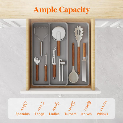 Utensil Organizer for Kitchen Drawer, Expandable Cooking Silverware Tray, Adjustable Cutlery Flatware Holder, Plastic Spatula Tools Storage Divider, 14.4 x 15.8", Black