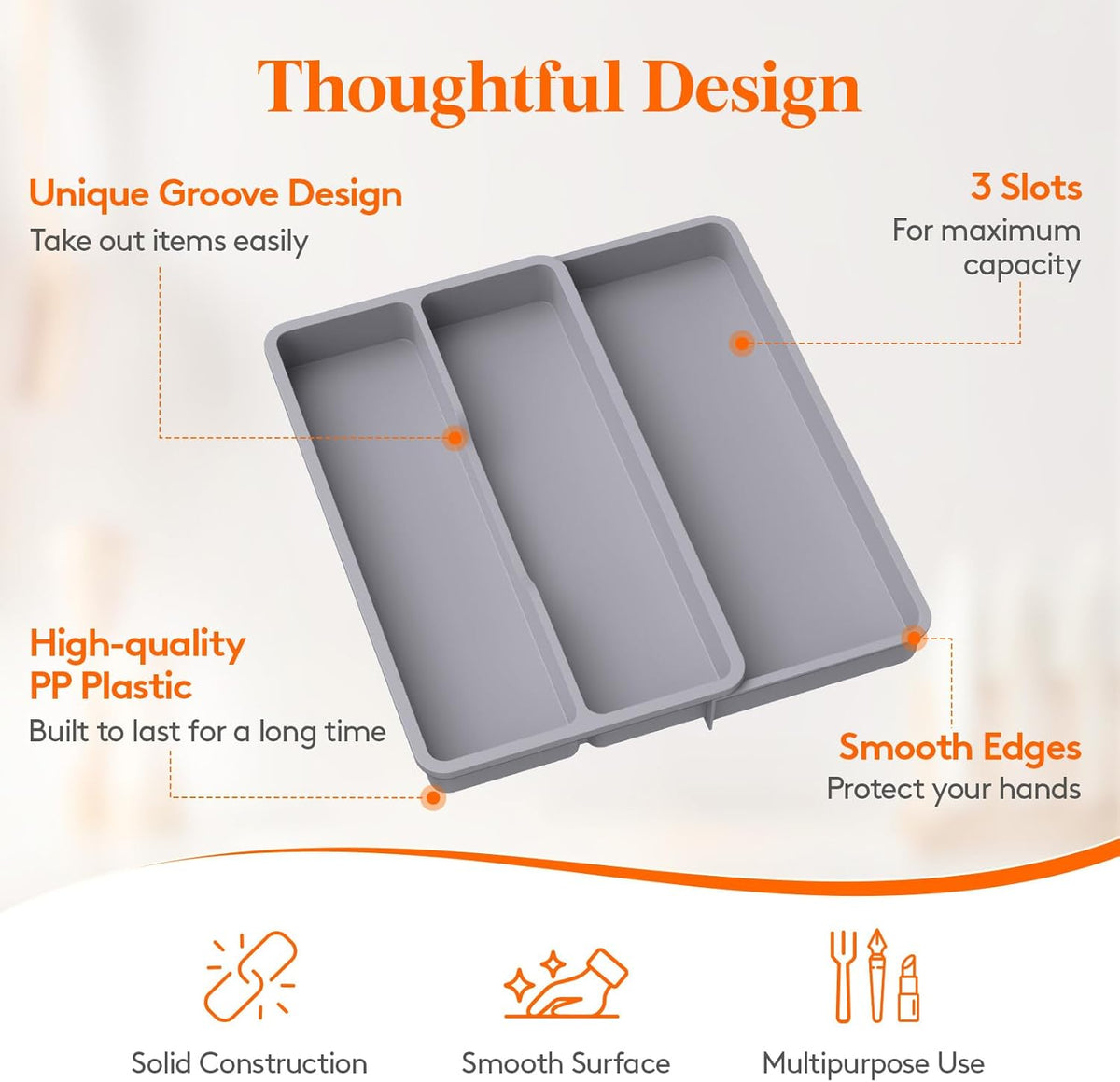 Utensil Organizer for Kitchen Drawer, Expandable Cooking Silverware Tray, Adjustable Cutlery Flatware Holder, Plastic Spatula Tools Storage Divider, 14.4 x 15.8", Black