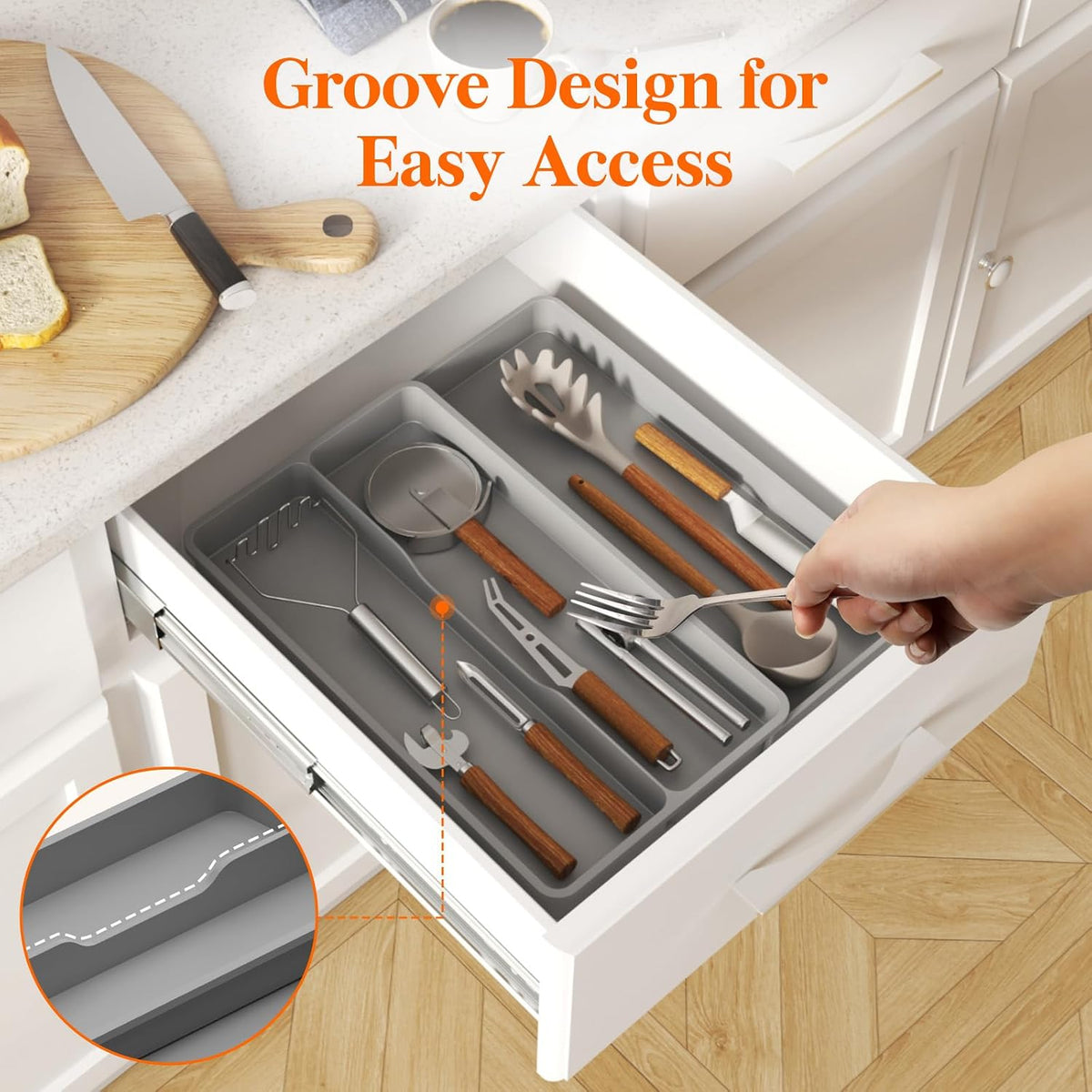 Utensil Organizer for Kitchen Drawer, Expandable Cooking Silverware Tray, Adjustable Cutlery Flatware Holder, Plastic Spatula Tools Storage Divider, 14.4 x 15.8", Black