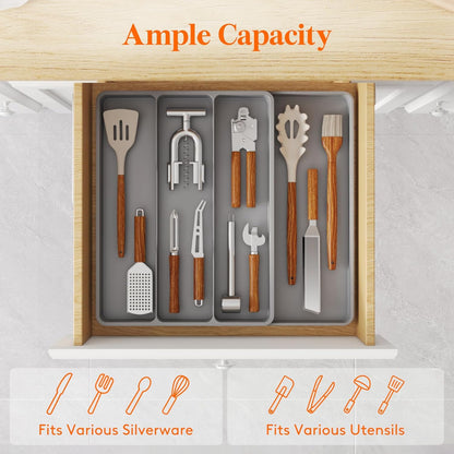 Utensil Organizer for Kitchen Drawer, Expandable Cooking Silverware Tray, Adjustable Cutlery Flatware Holder, Plastic Spatula Tools Storage Divider, 14.4 x 15.8", Black