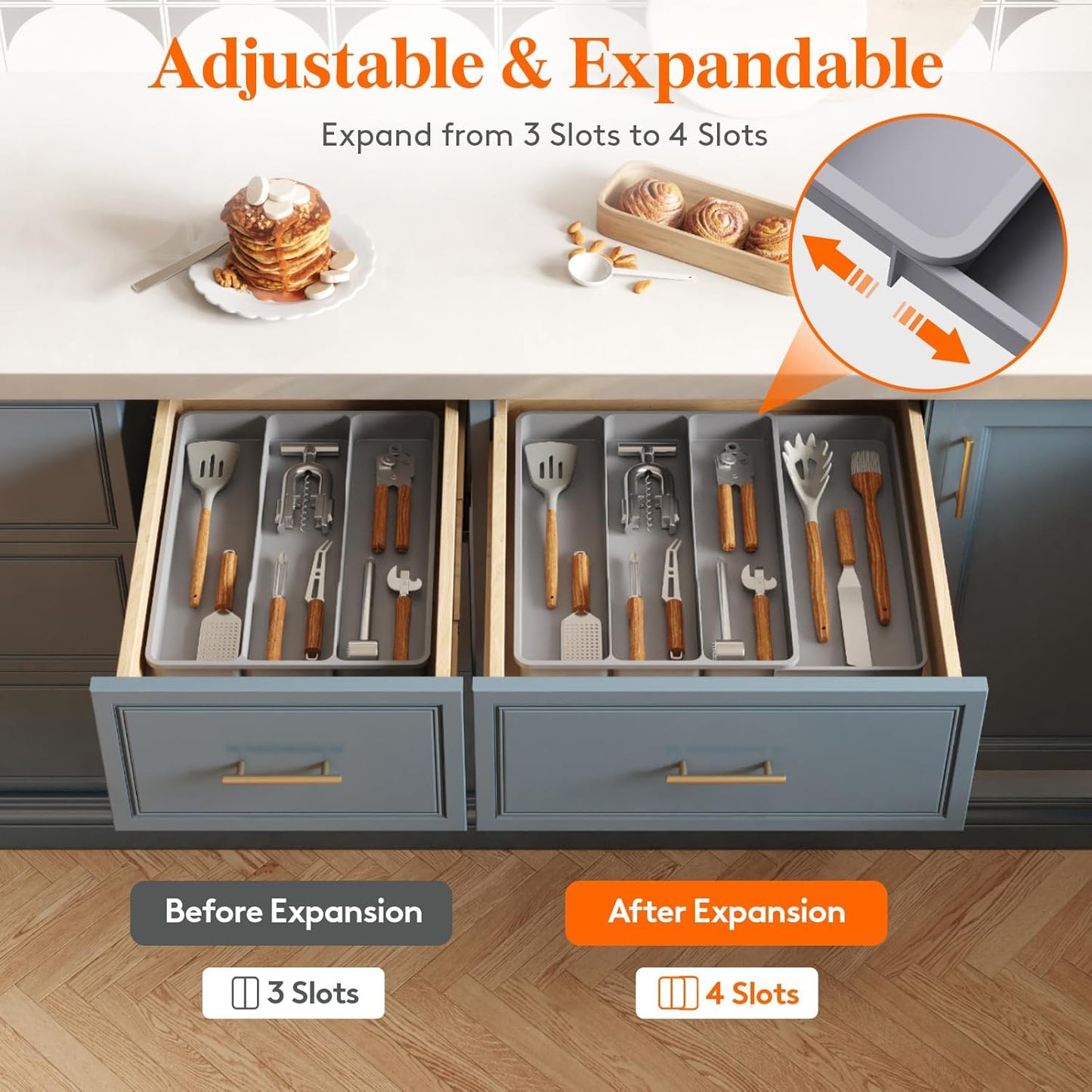 Utensil Organizer for Kitchen Drawer, Expandable Cooking Silverware Tray, Adjustable Cutlery Flatware Holder, Plastic Spatula Tools Storage Divider, 14.4 x 15.8", Black