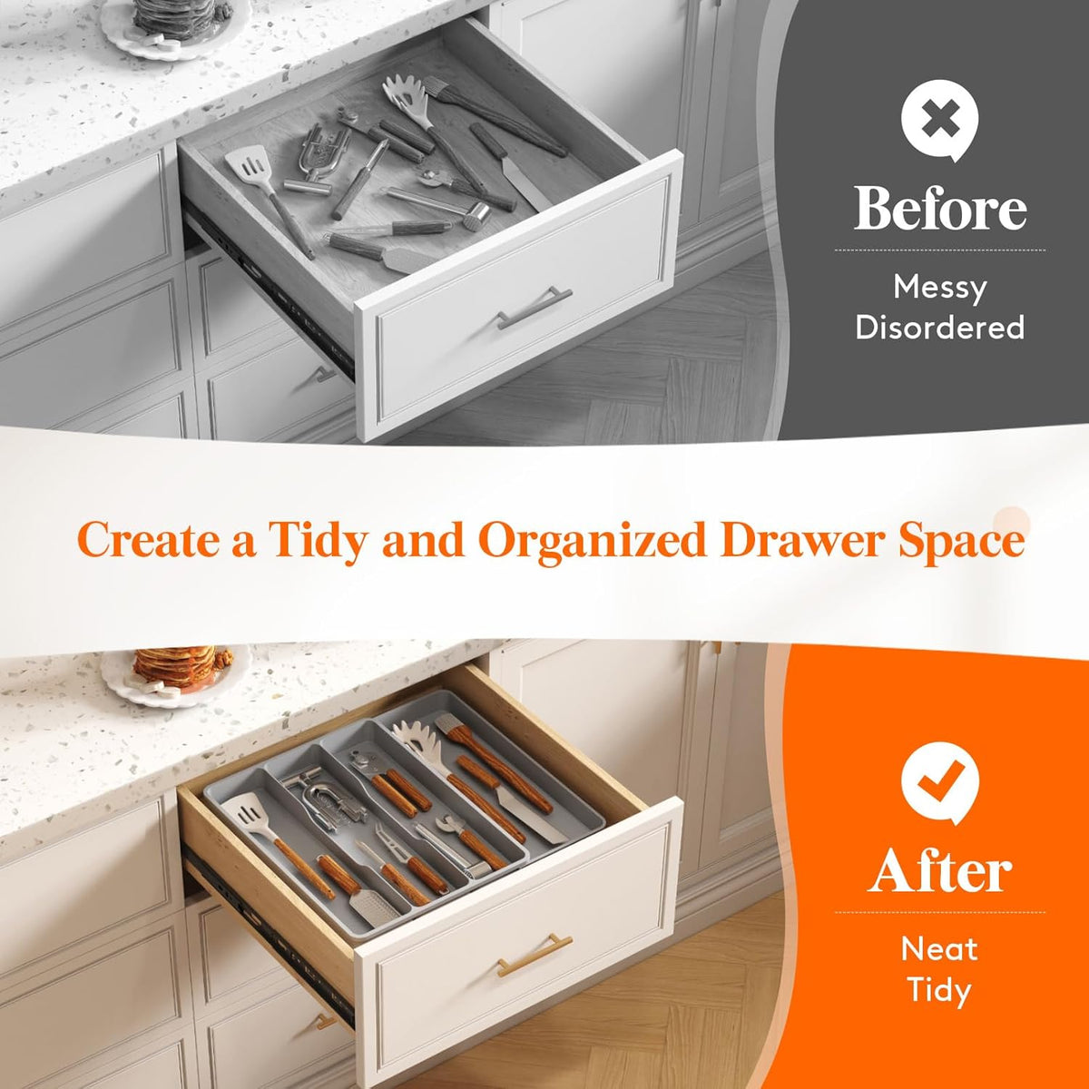 Utensil Organizer for Kitchen Drawer, Expandable Cooking Silverware Tray, Adjustable Cutlery Flatware Holder, Plastic Spatula Tools Storage Divider, 14.4 x 15.8", Black
