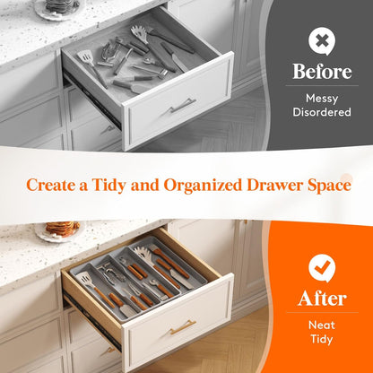 Utensil Organizer for Kitchen Drawer, Expandable Cooking Silverware Tray, Adjustable Cutlery Flatware Holder, Plastic Spatula Tools Storage Divider, 14.4 x 15.8", Black