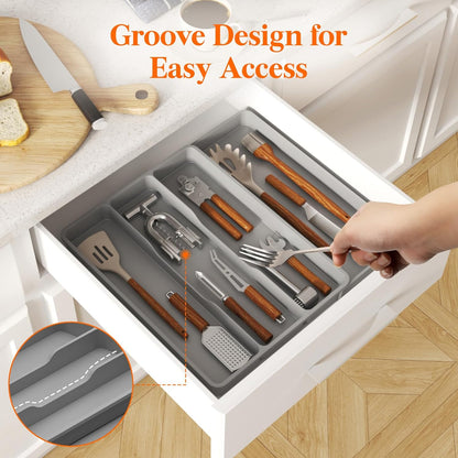 Utensil Organizer for Kitchen Drawer, Expandable Cooking Silverware Tray, Adjustable Cutlery Flatware Holder, Plastic Spatula Tools Storage Divider, 14.4 x 15.8", Black