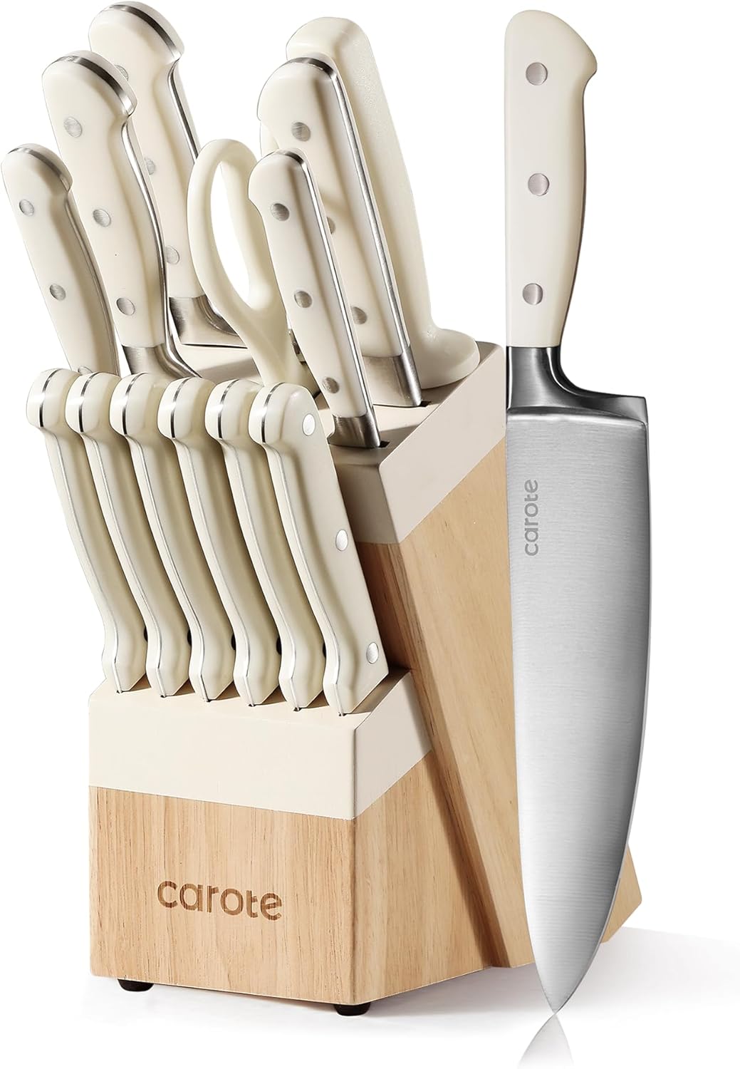 14-Piece Knife Set with Wood Block, Rust-Resistant, Cream