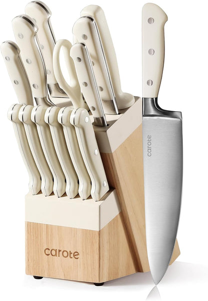 14-Piece Knife Set with Wood Block, Rust-Resistant, Cream