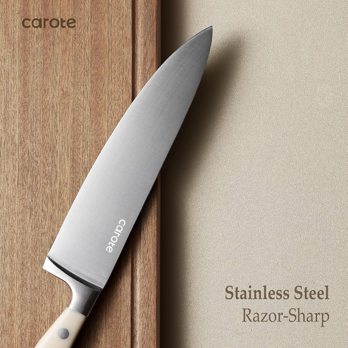 14-Piece Knife Set with Wood Block, Rust-Resistant, Cream