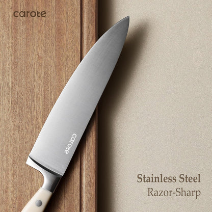 14-Piece Knife Set with Wood Block, Rust-Resistant, Cream