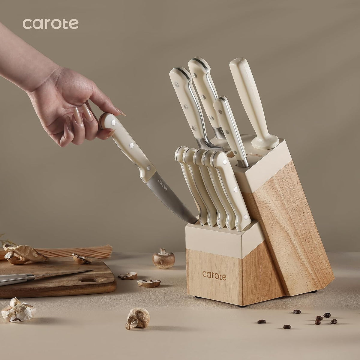 14-Piece Knife Set with Wood Block, Rust-Resistant, Cream