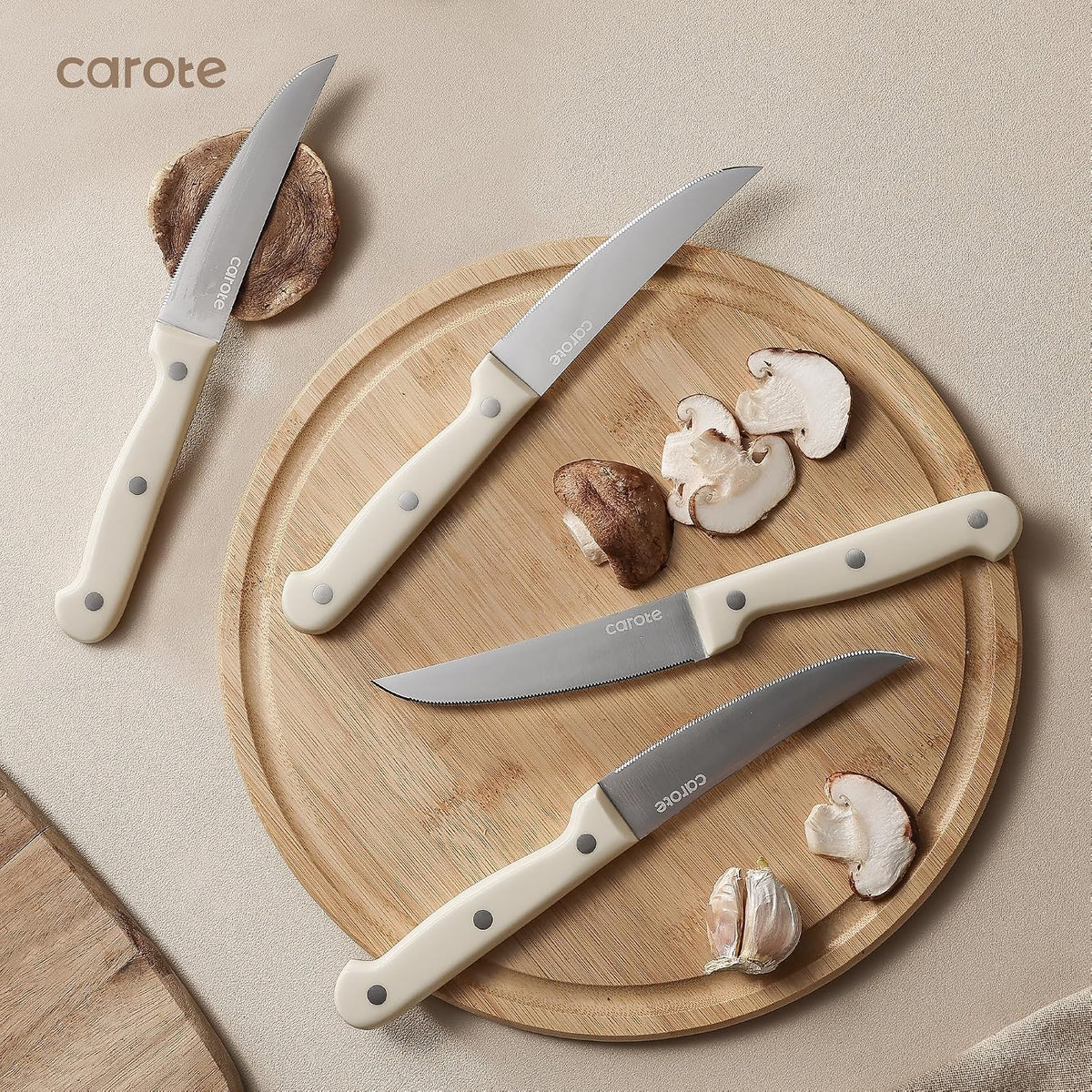 14-Piece Knife Set with Wood Block, Rust-Resistant, Cream