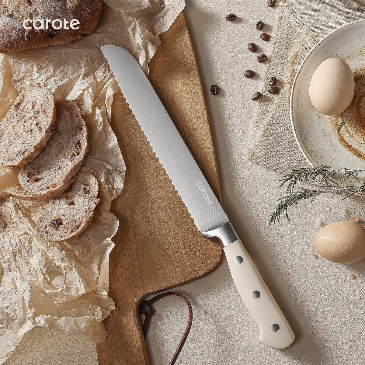 14-Piece Knife Set with Wood Block, Rust-Resistant, Cream