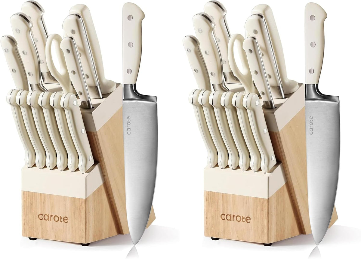 14-Piece Knife Set with Wood Block, Rust-Resistant, Cream