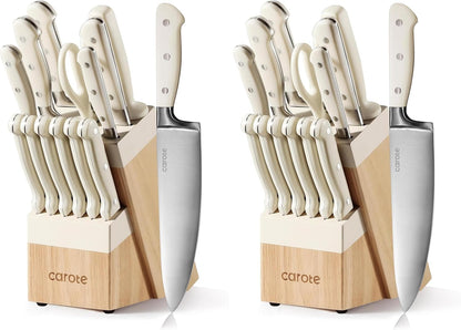 14-Piece Knife Set with Wood Block, Rust-Resistant, Cream
