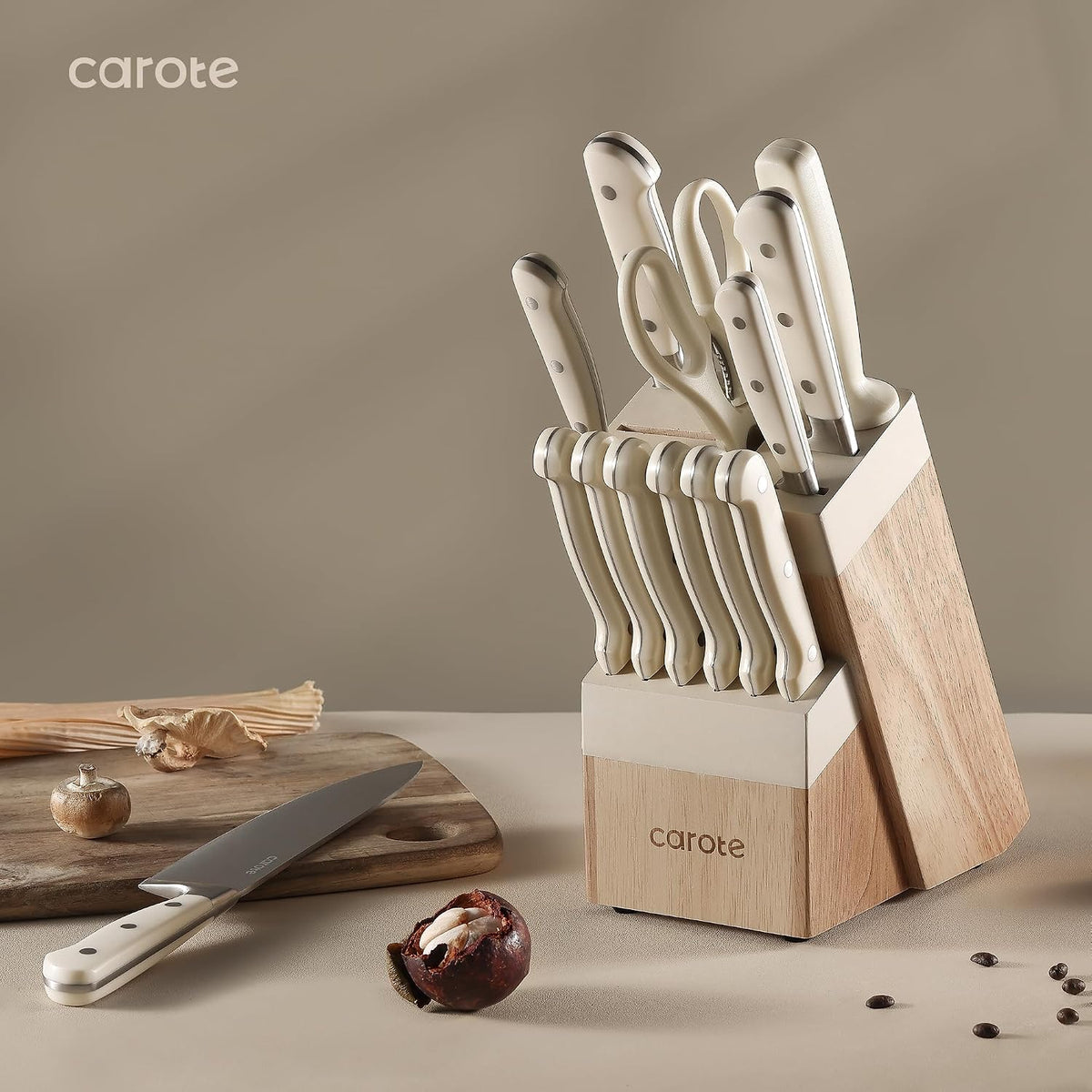 14-Piece Knife Set with Wood Block, Rust-Resistant, Cream