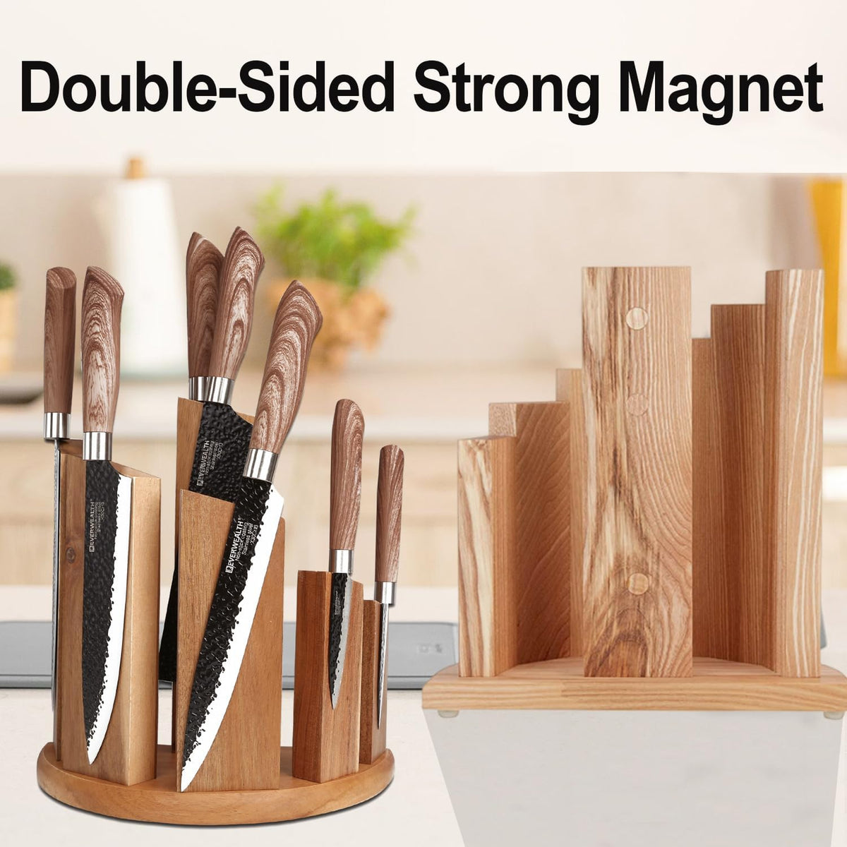 Wooden Semi-circular 360° Magnetic Knife Block Holder Rack Magnetic Stands with Strong Enhanced Magnet & Anti Slip Feet
