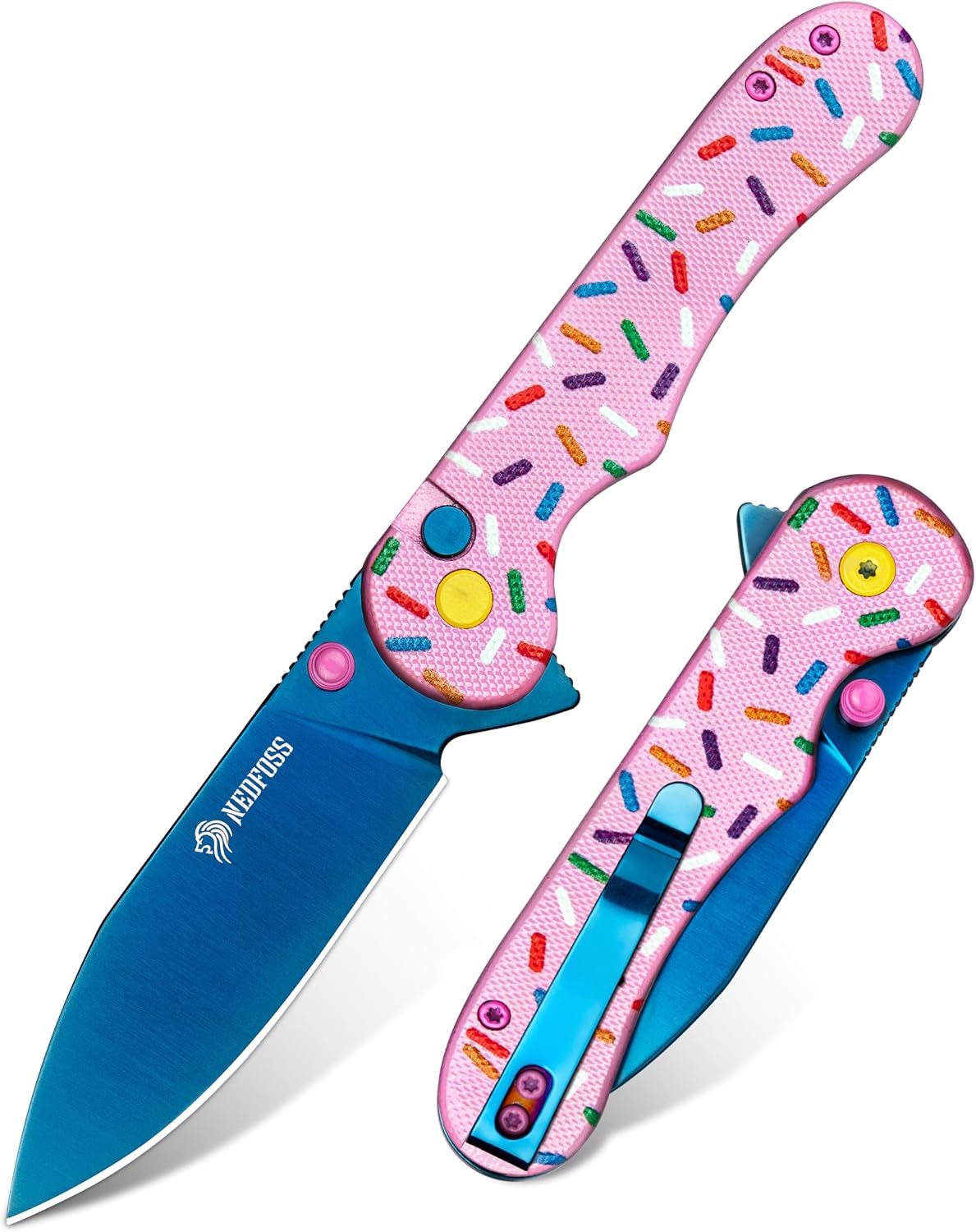 Donut Pocket Knife, 2.9" 14C28N Steel Button Lock EDC Knife Pink