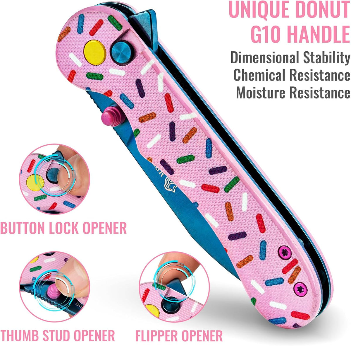 Donut Pocket Knife, 2.9" 14C28N Steel Button Lock EDC Knife Pink