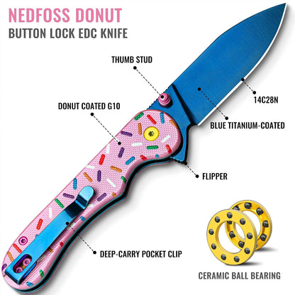 Donut Pocket Knife, 2.9" 14C28N Steel Button Lock EDC Knife Pink