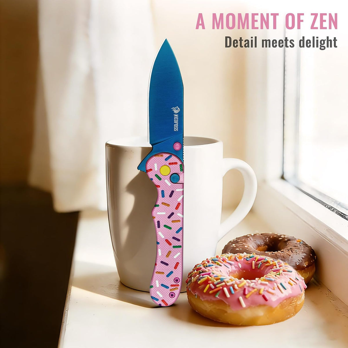 Donut Pocket Knife, 2.9" 14C28N Steel Button Lock EDC Knife Pink