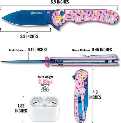 Donut Pocket Knife, 2.9" 14C28N Steel Button Lock EDC Knife Pink