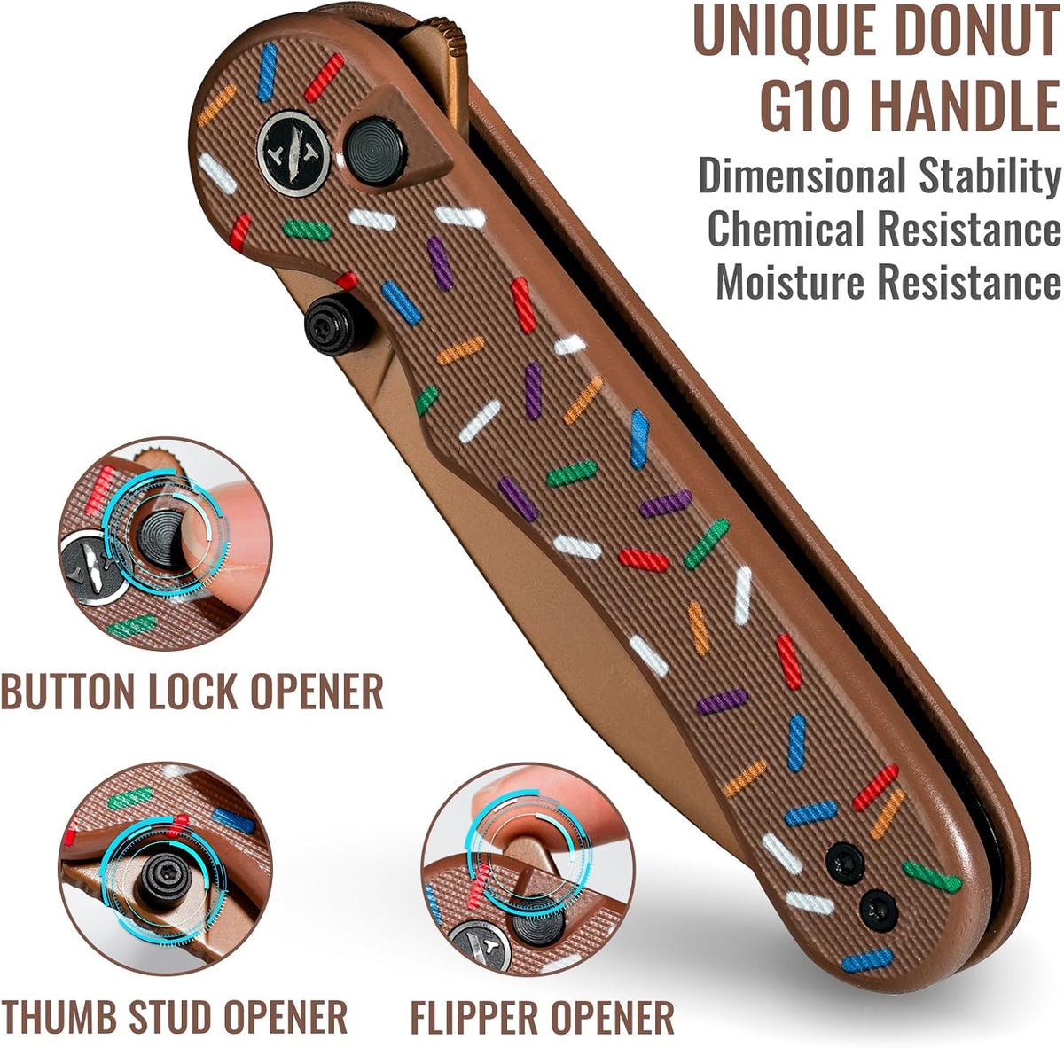 Donut Pocket Knife, 2.9" 14C28N Steel Button Lock EDC Knife Pink