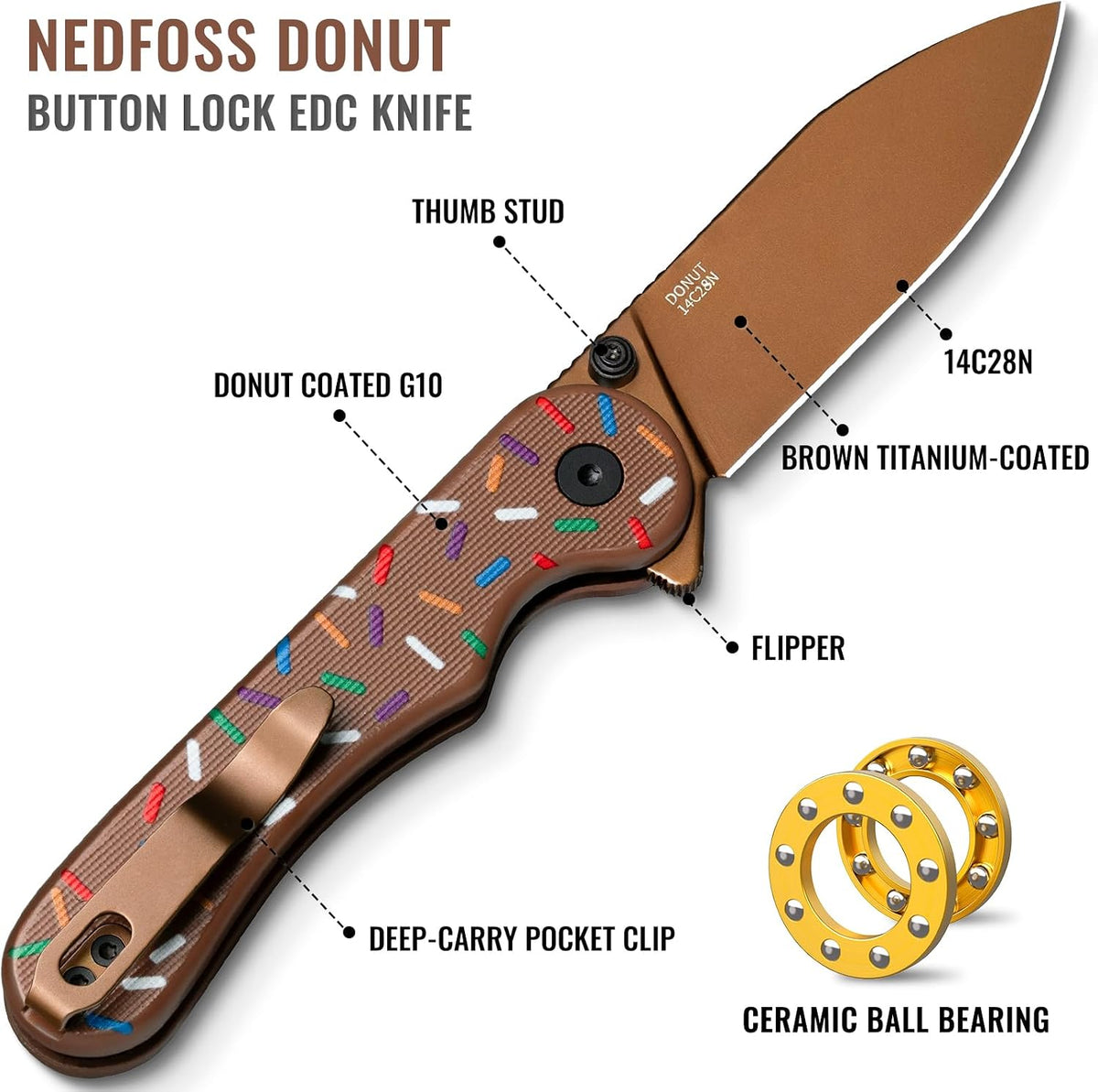 Donut Pocket Knife, 2.9" 14C28N Steel Button Lock EDC Knife Pink