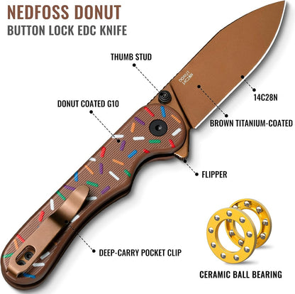 Donut Pocket Knife, 2.9" 14C28N Steel Button Lock EDC Knife Pink
