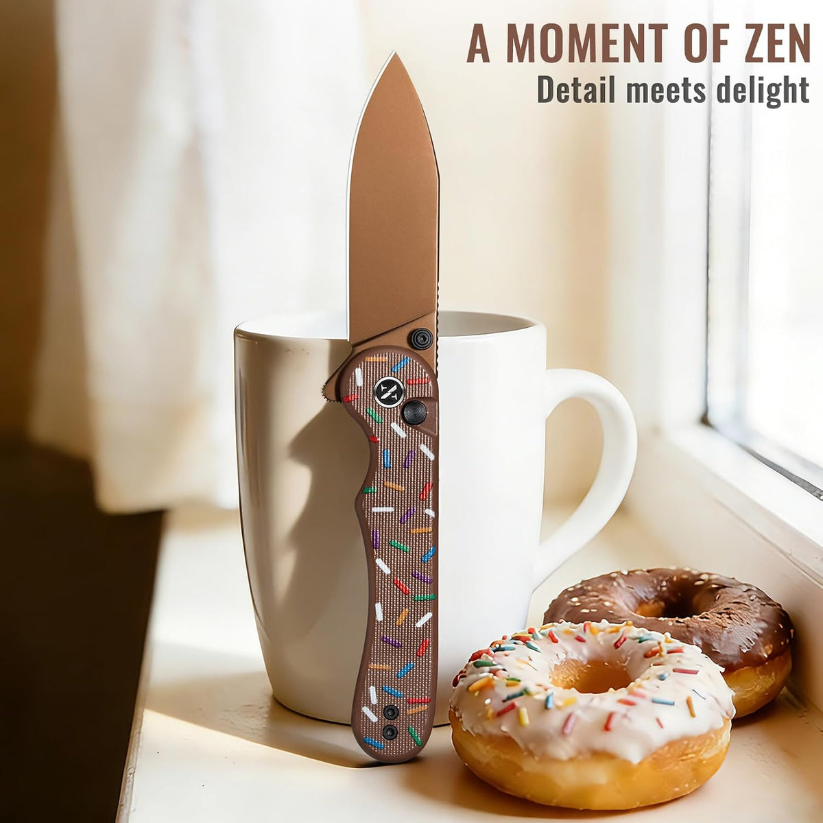 Donut Pocket Knife, 2.9" 14C28N Steel Button Lock EDC Knife Pink