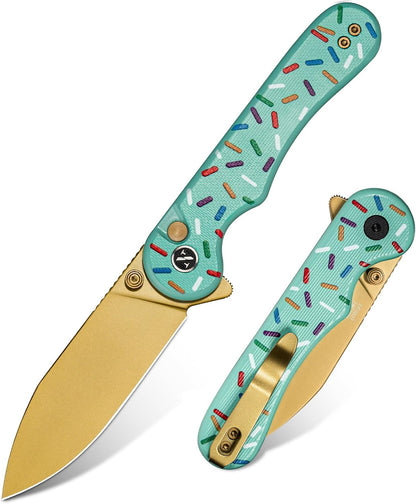 Donut Pocket Knife, 2.9" 14C28N Steel Button Lock EDC Knife Pink
