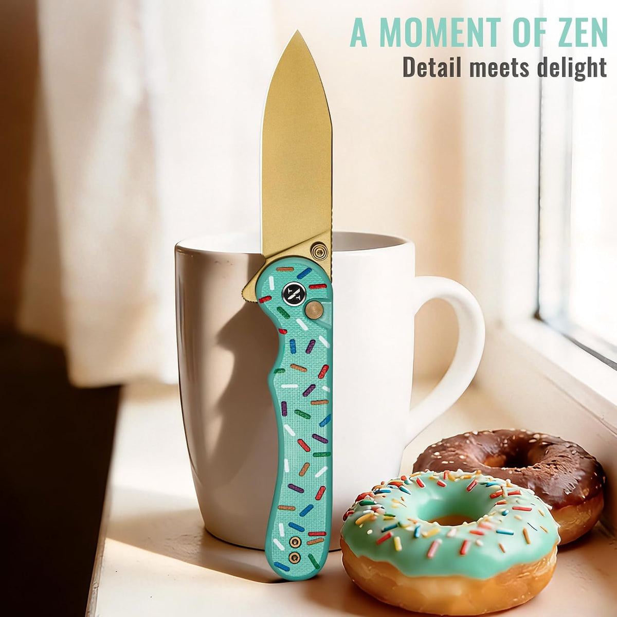 Donut Pocket Knife, 2.9" 14C28N Steel Button Lock EDC Knife Pink