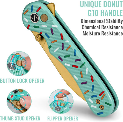 Donut Pocket Knife, 2.9" 14C28N Steel Button Lock EDC Knife Pink