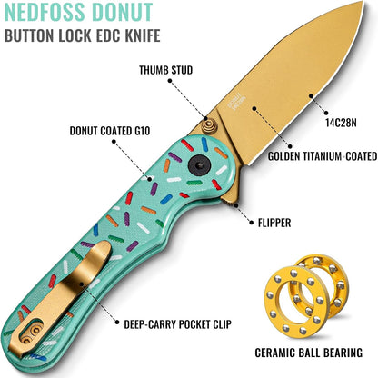 Donut Pocket Knife, 2.9" 14C28N Steel Button Lock EDC Knife Pink