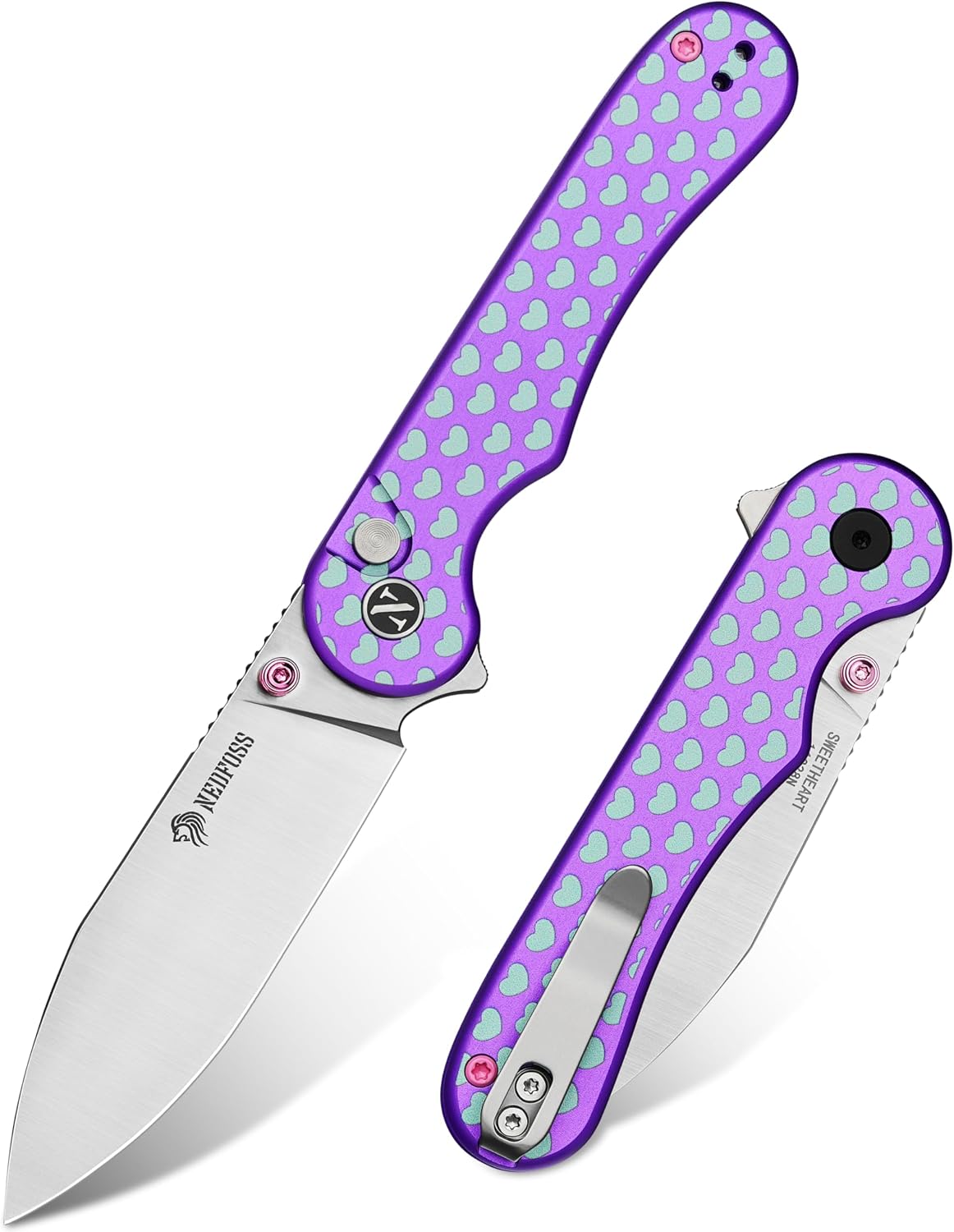Donut Pocket Knife, 2.9" 14C28N Steel Button Lock EDC Knife Pink