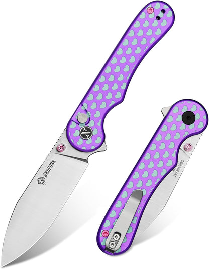 Donut Pocket Knife, 2.9" 14C28N Steel Button Lock EDC Knife Pink