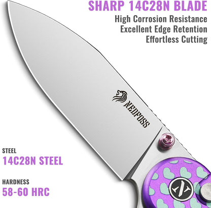 Donut Pocket Knife, 2.9" 14C28N Steel Button Lock EDC Knife Pink