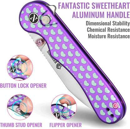Donut Pocket Knife, 2.9" 14C28N Steel Button Lock EDC Knife Pink