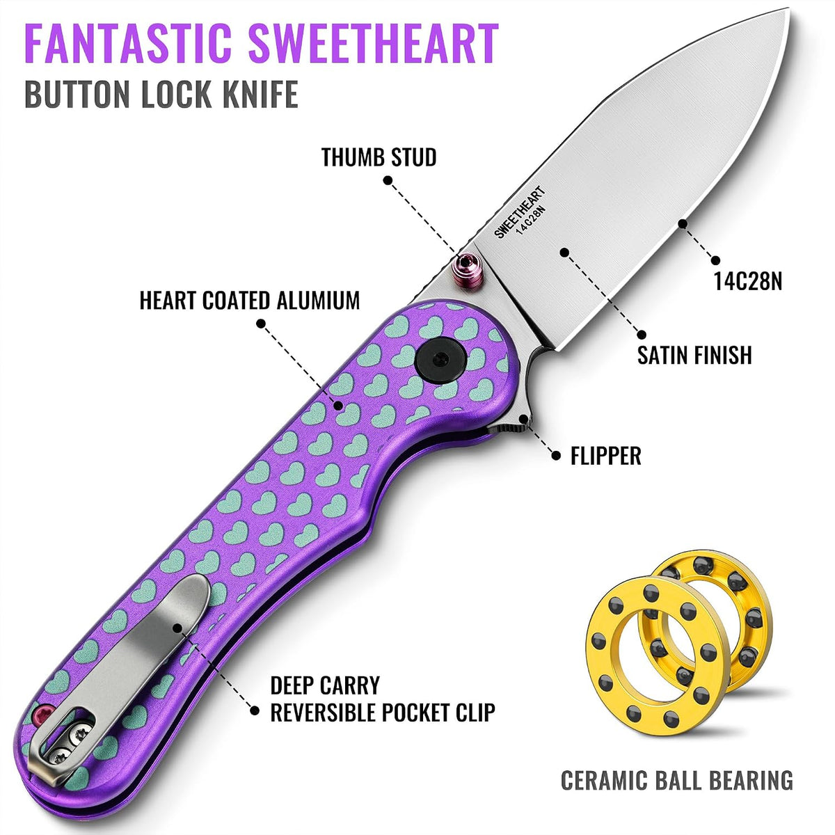 Donut Pocket Knife, 2.9" 14C28N Steel Button Lock EDC Knife Pink