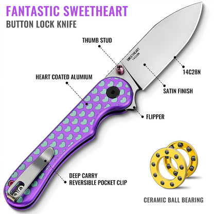 Donut Pocket Knife, 2.9" 14C28N Steel Button Lock EDC Knife Pink