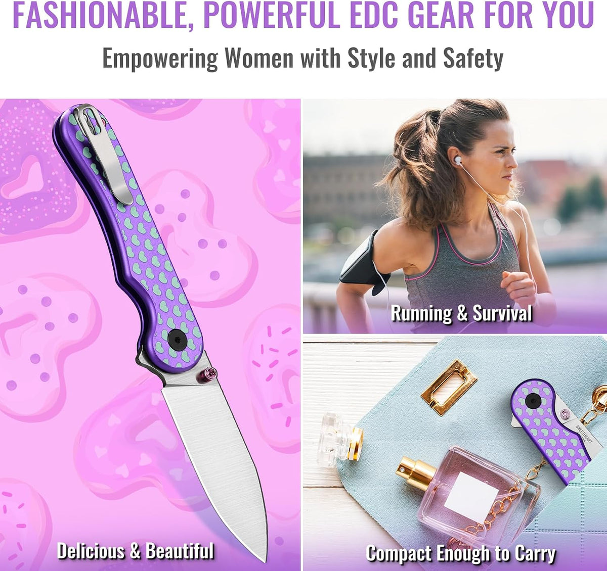 Donut Pocket Knife, 2.9" 14C28N Steel Button Lock EDC Knife Pink