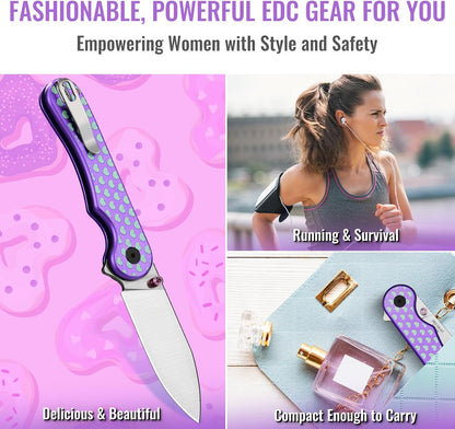 Donut Pocket Knife, 2.9" 14C28N Steel Button Lock EDC Knife Pink