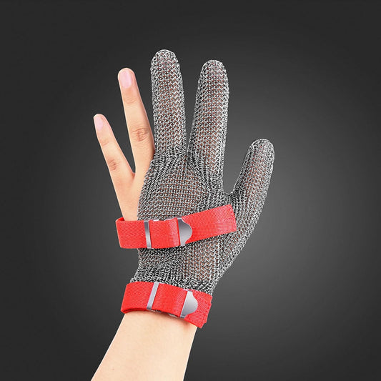 3-Finger Chainmail Protective Glove, Stainless Steel Metal Cut Resistant Glove with Fabric Cuff, Safety Work Glove